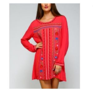NWT Velzera coral floral embroidered long sleeve shift mini dress